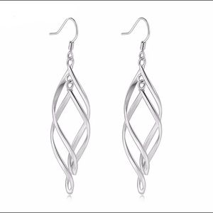Silver Double Oval Twist Dangle Earrings